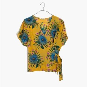 Madewell Yellow Silk Side-Tie Wrap Top in Painted Blooms